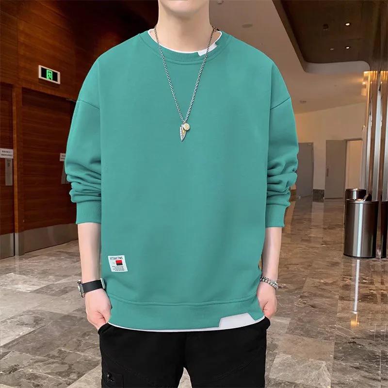 Men's Korean Style Loose Round Neck Long Sleeve Sweatshirt - Fake Two-Piece, Plus Velvet, Versatile Trendy Autumn/Winter Fashion Top