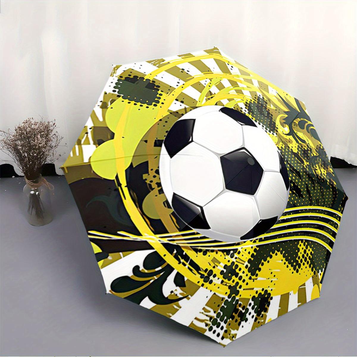 

Folding Umbrella The Umbrella Features a Central Soccer Ball Graphic Surrounded by Yellow and Black Abstract Patterns with Cir (as the picture,iron&8K)