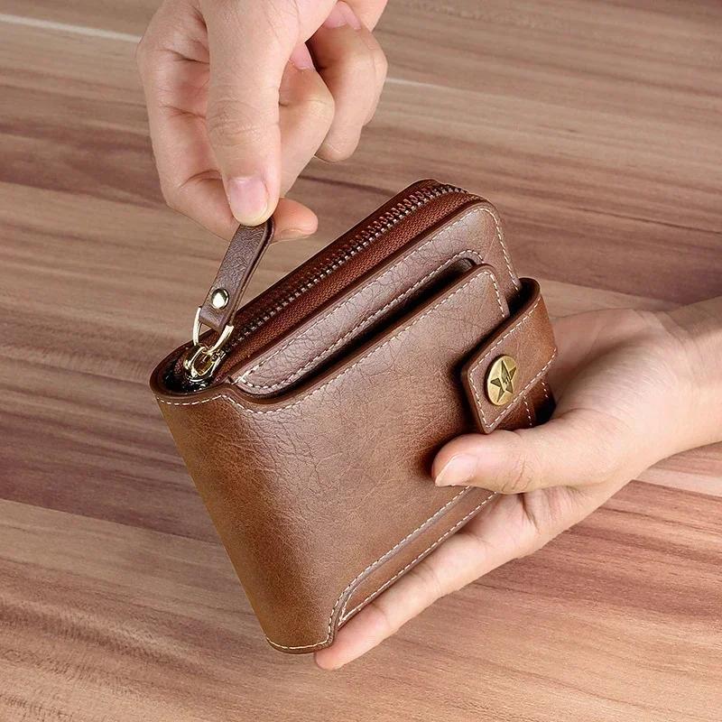 Vintage Men's Wallet PU Leather Short Purse Men Hasp Zipper Clutch Solid Color Wallets High Quality Durable Convenient Wallets