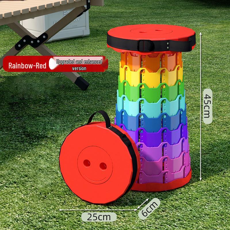 Rainbow Retractable Portable Camping Stool - Round, Plastic Folding Design.