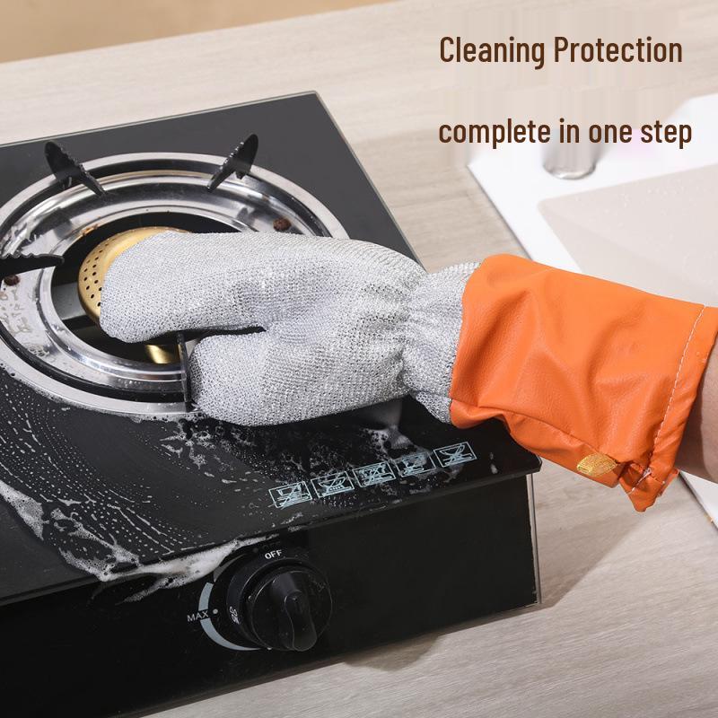 Silver Wire Leather Dishwashing Gloves: Multi-functional Extended Thickened Gloves for Kitchen Cleaning and Stain Removal.