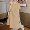 ZANZEA Damen Freizeit V-Ausschnitt Einfarbig Sommer Kurzarmkleid