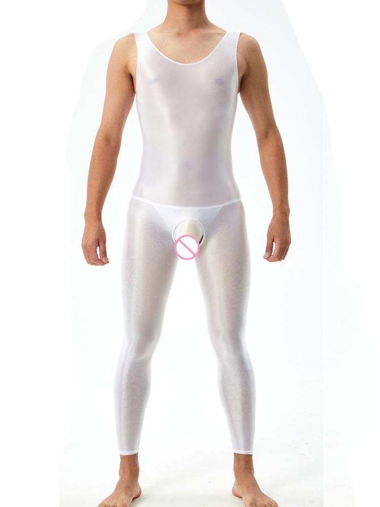 Sexy Crotchless Satin Oil Glossy Shiny Bodysuit Sheer See Through Yoga Tights Elastic Shaping Leotard Jumpsuit Candy Color