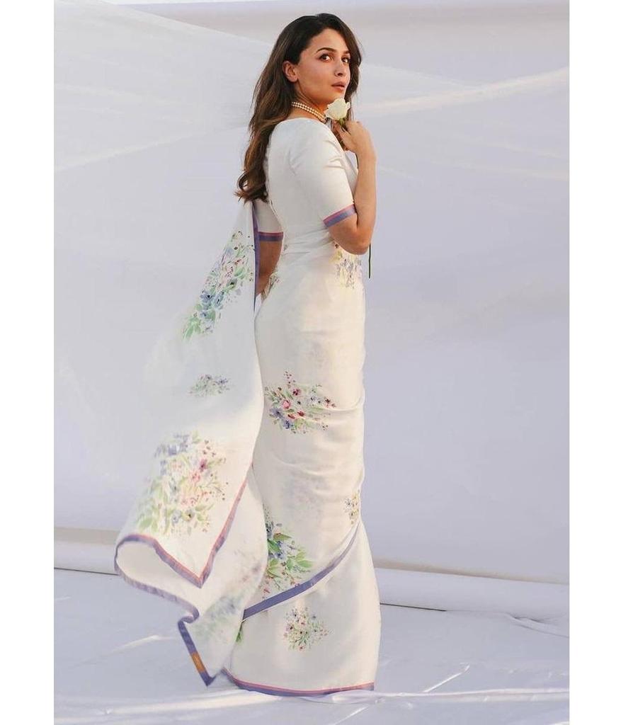 Indian Designer Party Wear Moss Silk Saree Sari Women Bollywood Printed White Saree