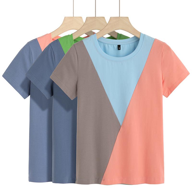 2026 Spring/Summer Women's Color Block Round Neck Stylish Patchwork T-Shirt, Short Sleeve 6919