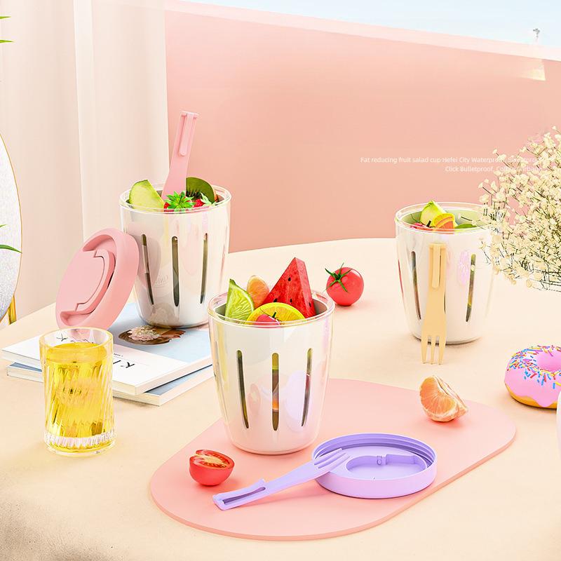 Portable Leak Proof Fruit Cup With Fork, Large Capacity Salad Container For Picnic, Travel, And Office, BPA Free Food Storage Bowl