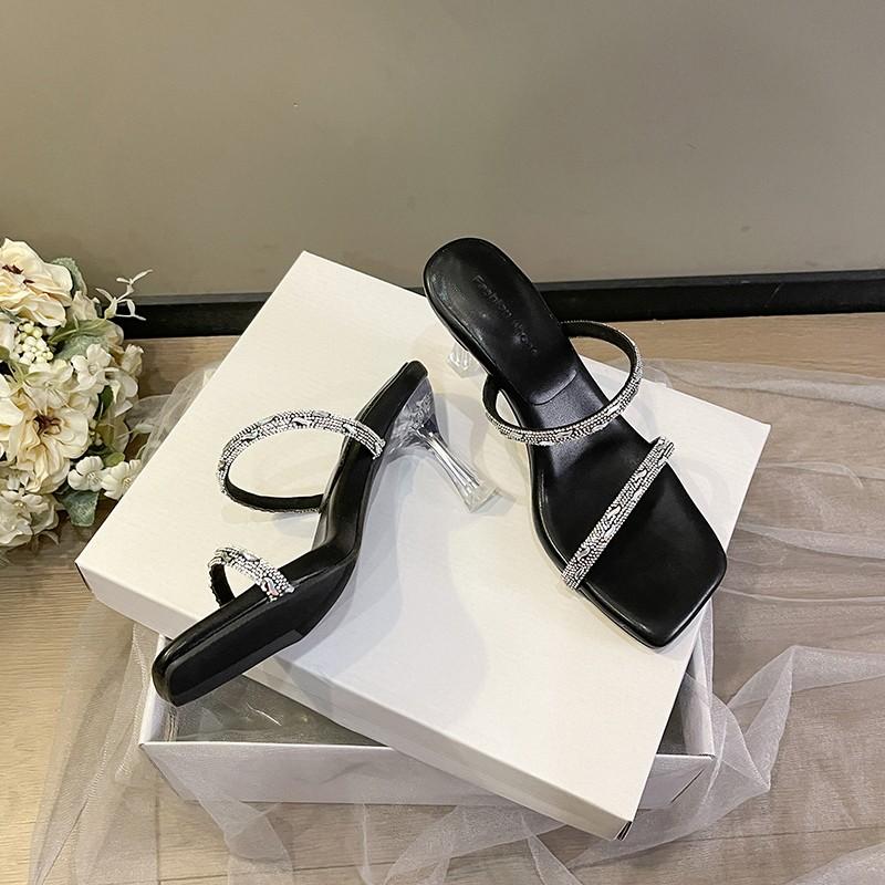 Fashion New Summer High-heeled Women's Thin Heels, Shiny Rhinestone One-strap Flip-flops, and Elegant Sandals