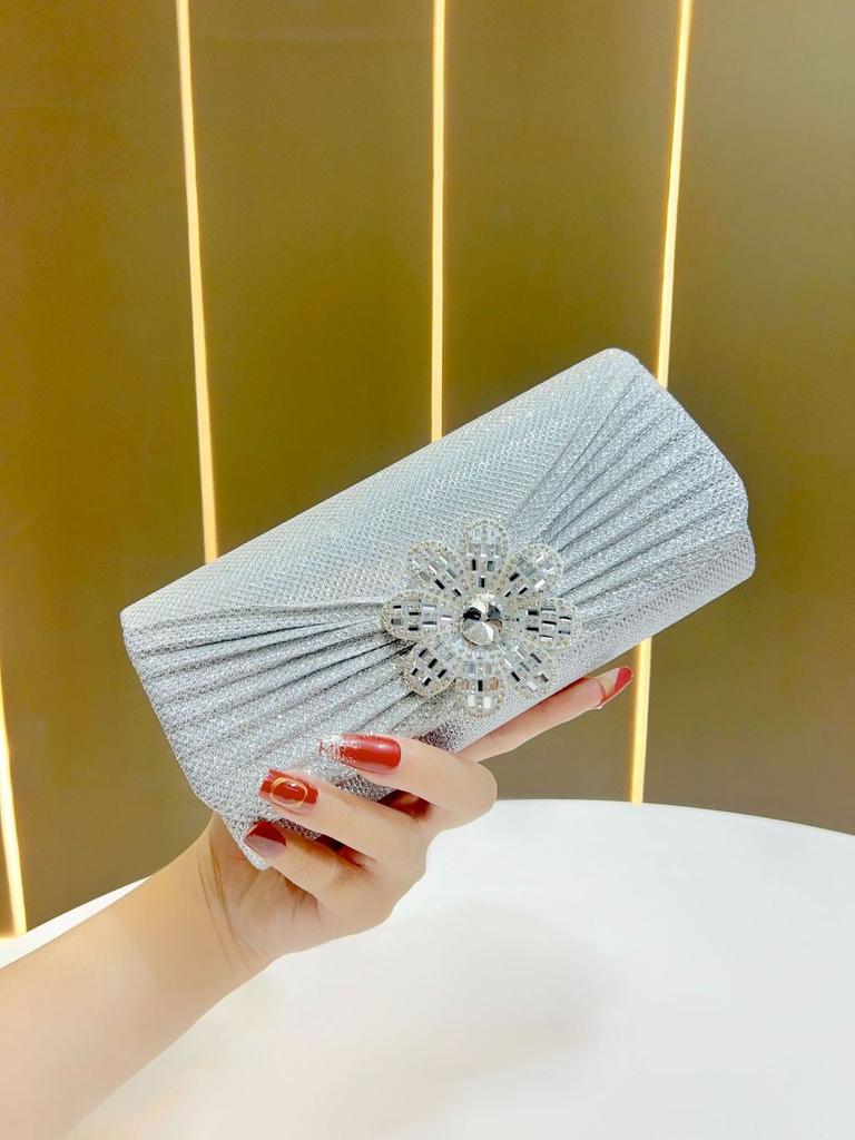 Womens Evening Clutch Bag With Flower Embellishments And Chain For Formal Events