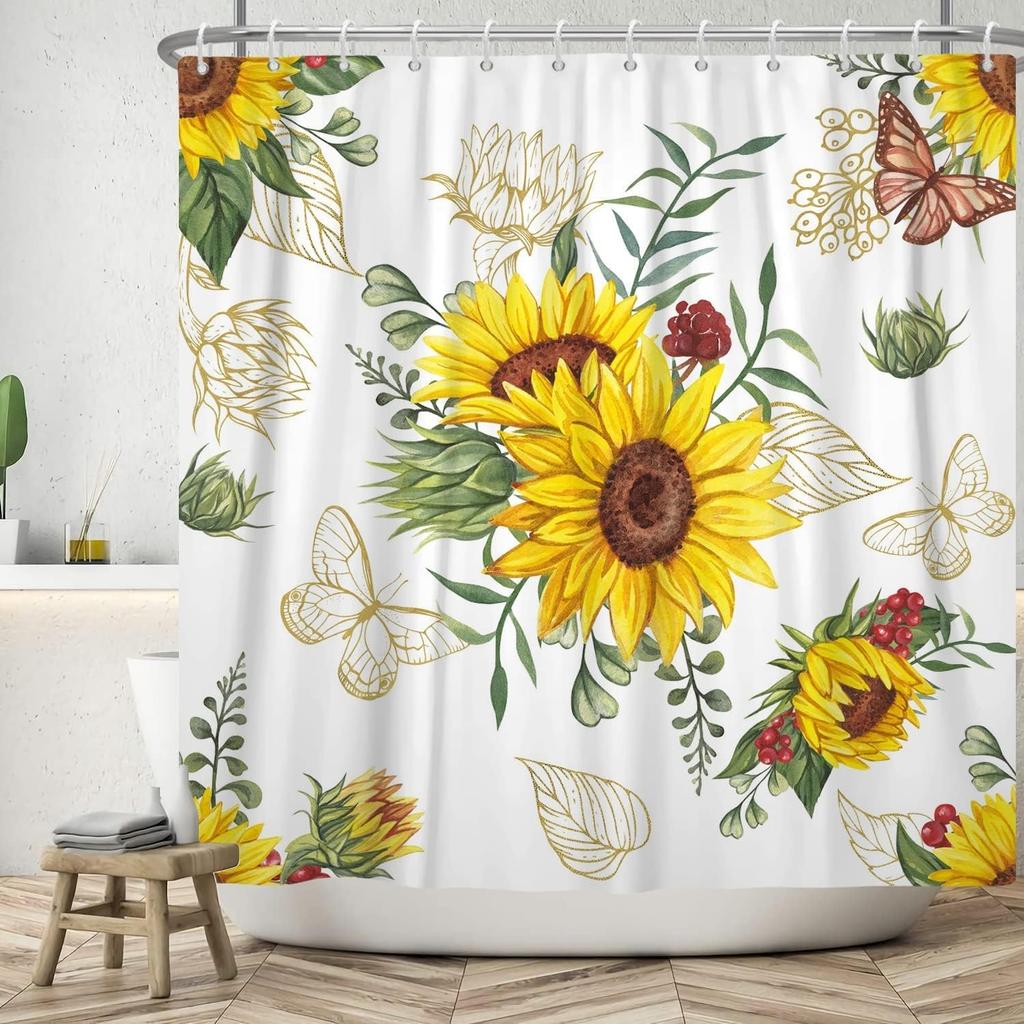 Vibrant Sunflower Shower Curtain, Waterproof Botanical Floral Fabric Bathroom Decor with Hooks