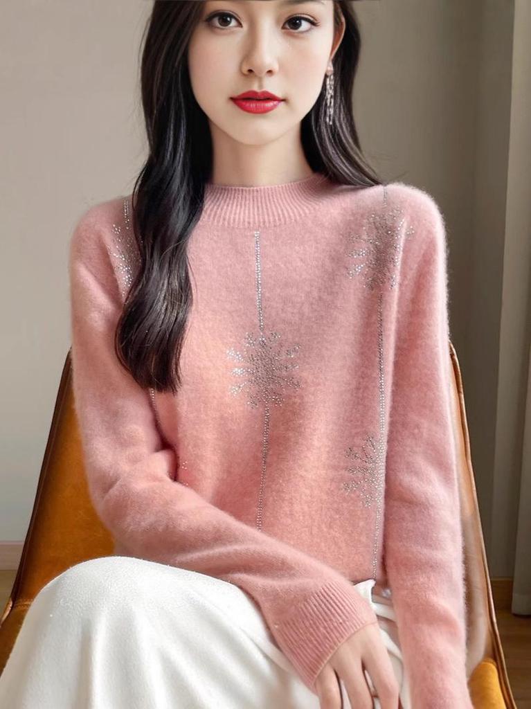 Women's Knitted Sweater with Inlaid Diamonds - Half-High Collar, Heavyweight for Autumn/Winter, Christmas Inner Wear.