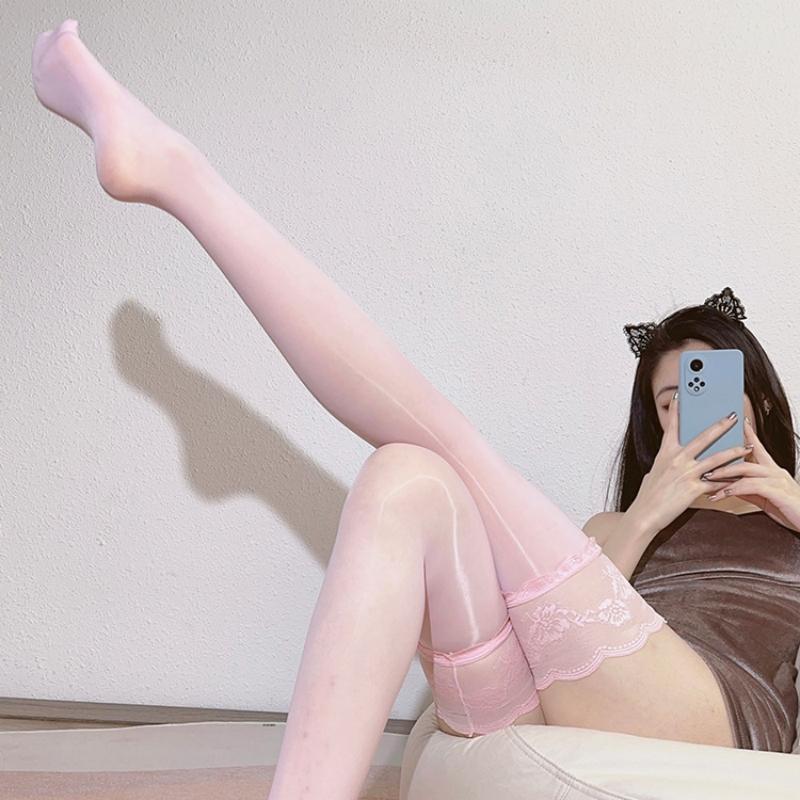 Elegant Floral Lace Top Thigh High Stockings With Anti-slip Silicone Band Women Sexy 8D Oil Shiny Silky Transparent Party Socks