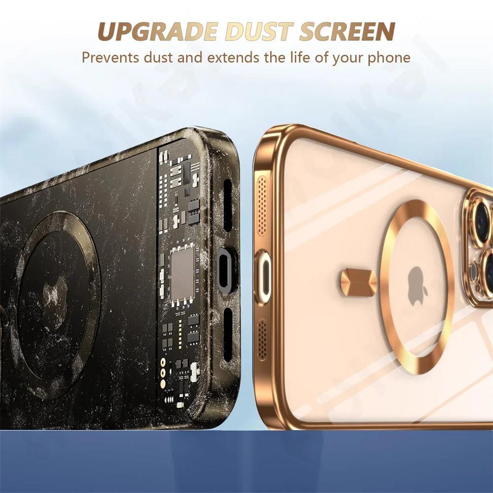 Luxury Wireless Charging Transparent Magsafe Case For iPhone 16 15 14 13 12 11 Pro Max X XR XS 7 8 Plus SE 2024 Mini Soft Case