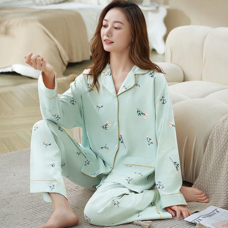 Pajamas women spring and autumn new long-sleeved outer wear Korean version of sweet loungewear cardigan lapel set