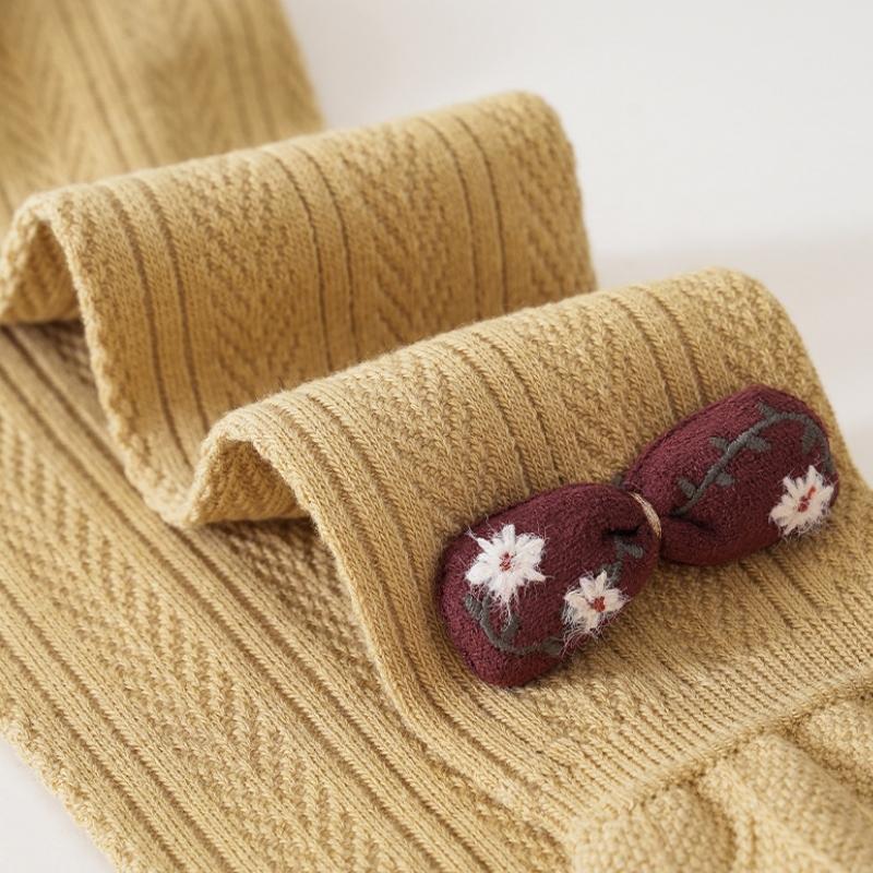 Lovely Baby Girls Trousers Solid Color Cartoon Trousers Knit Side Bowknot Trim Leggings Soft Warm Spring Autumn Cotton Tights
