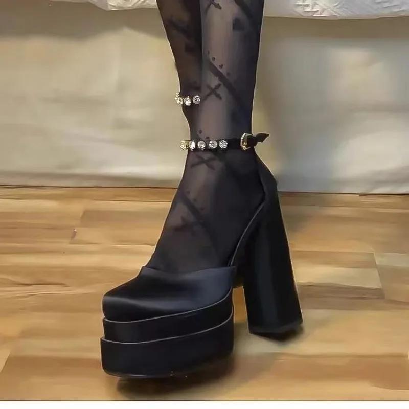 

Женские босоножки, летняя обувь, сексуальные туфли на толстом высоком каблуке, черно-белые, для вечеринки, свадьбы, на платформе 39 чёрный