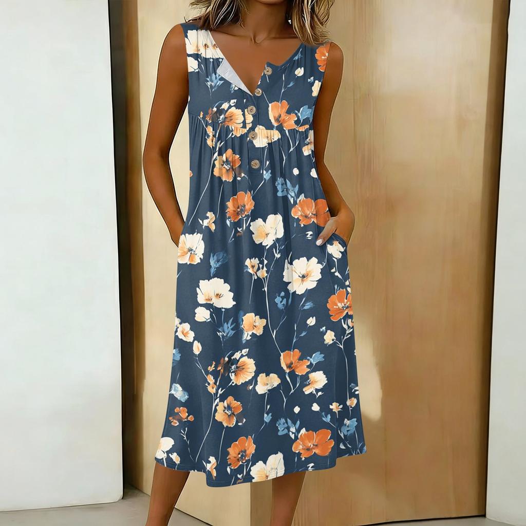 Women's Casual Sleeveless Button-down Mid-length Dress
