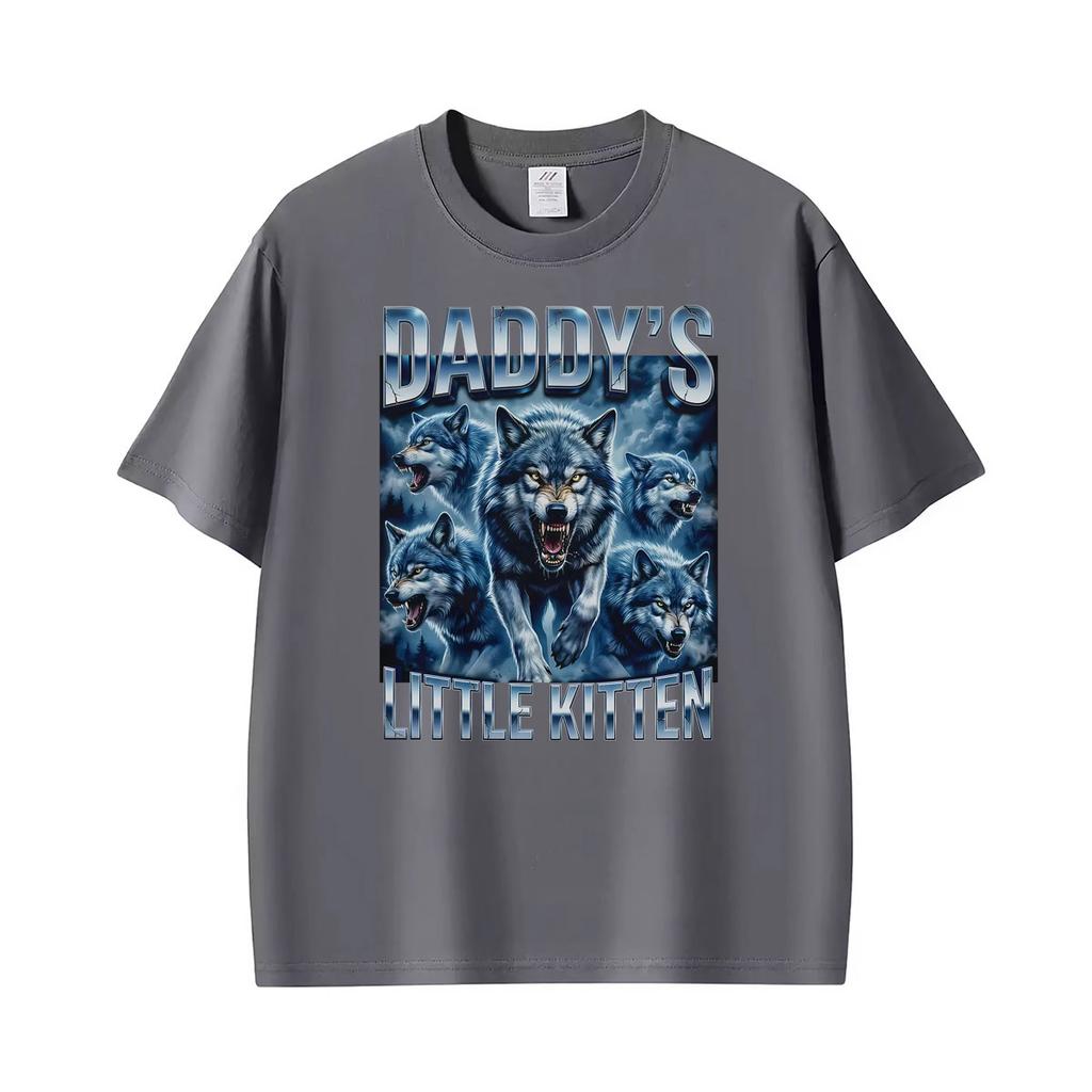 Daddys Kleines Kätzchen Wolf Lustiges Gotisches Meme Grafik T-Shirt Unisex Vintage Übergroße T-Shirts Unisex Lässige Oberteile T-Shirt Streetwear