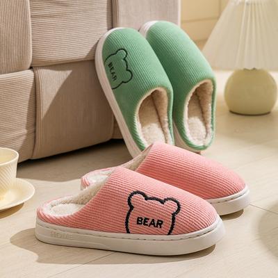 Side Label Bear Head Cotton Slippers Autumn and Winter Velvet Couple Leisure Indoor Home Hair Mop Cotton Shoes Home