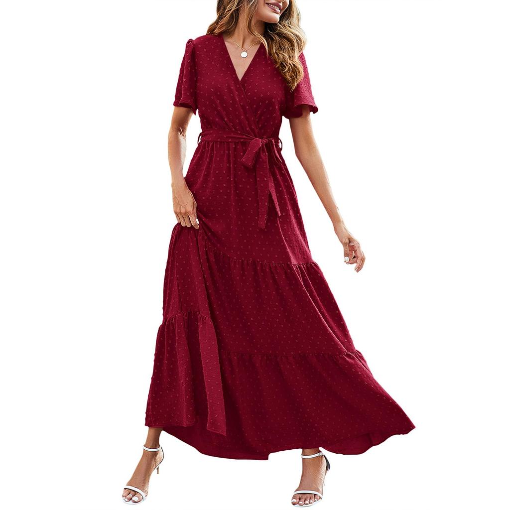 Women's Summer Bohemian Dot V-Neck Floating Short Sleeve Solid Color Tie Dresses
