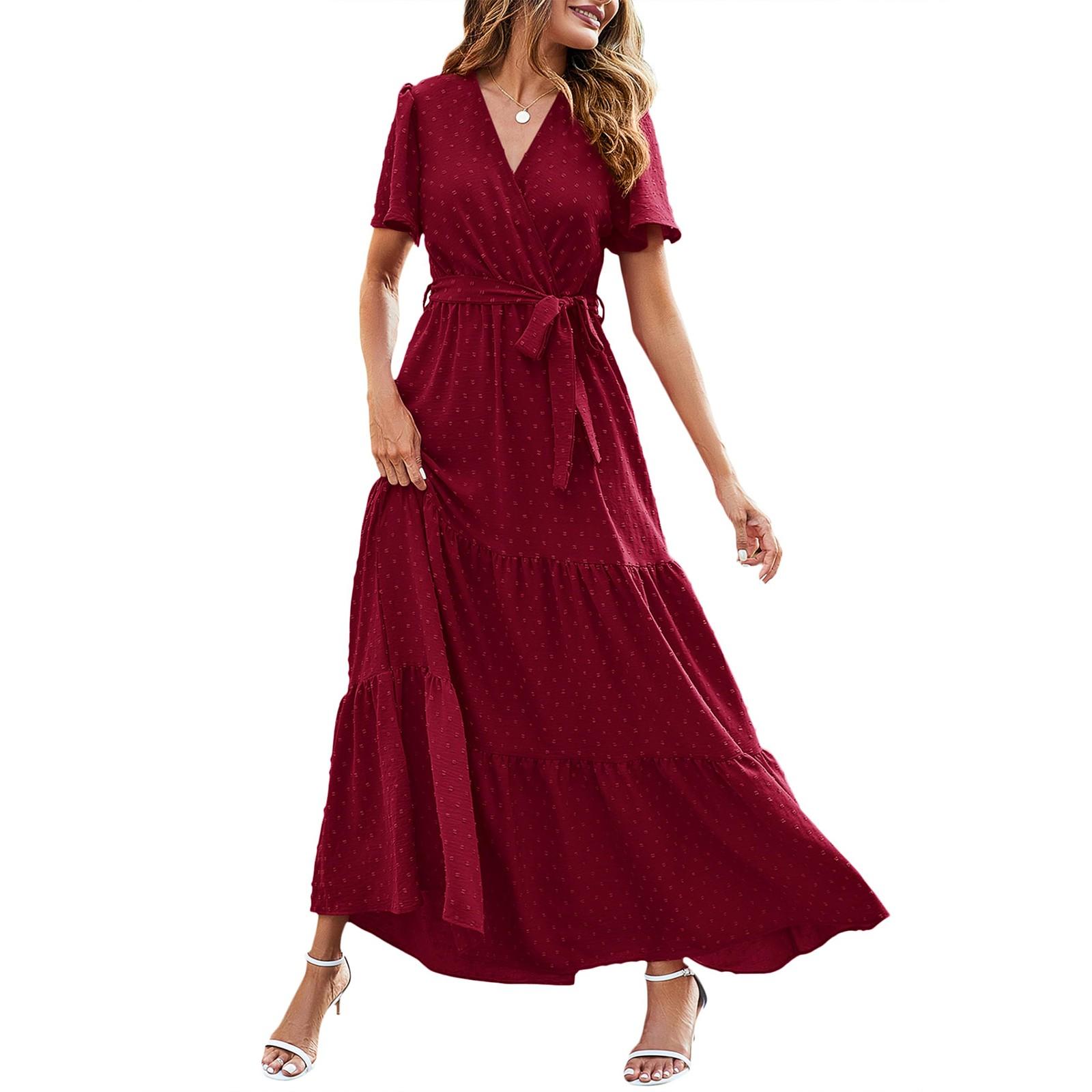 

Женские летние платья в стиле бохо с V-образным вырезом, короткими рукавами и однотонным галстуком XL винный