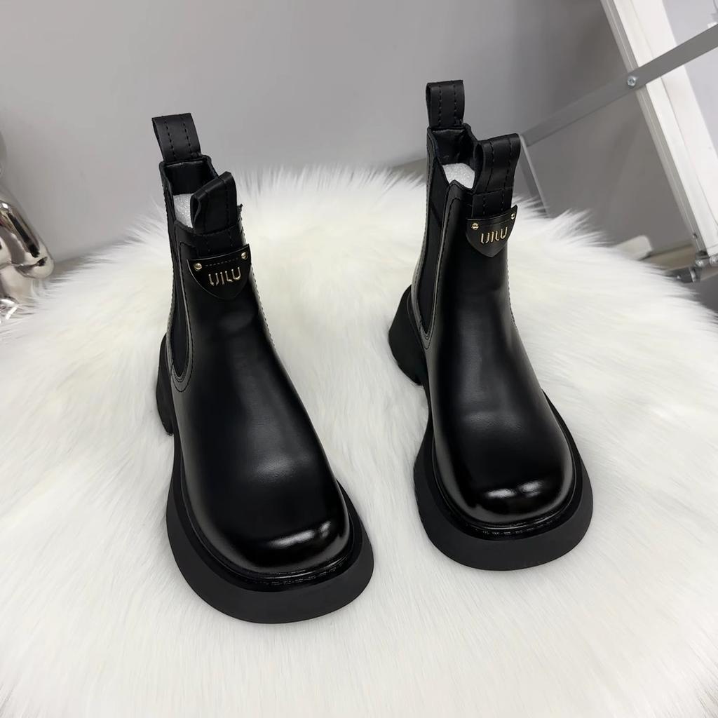Leather Cigarette Boots Women's Fashion Martin Boots 2025 Autumn and Winter Velvet Mango Head Thick Sole Thin British Style Short Boots