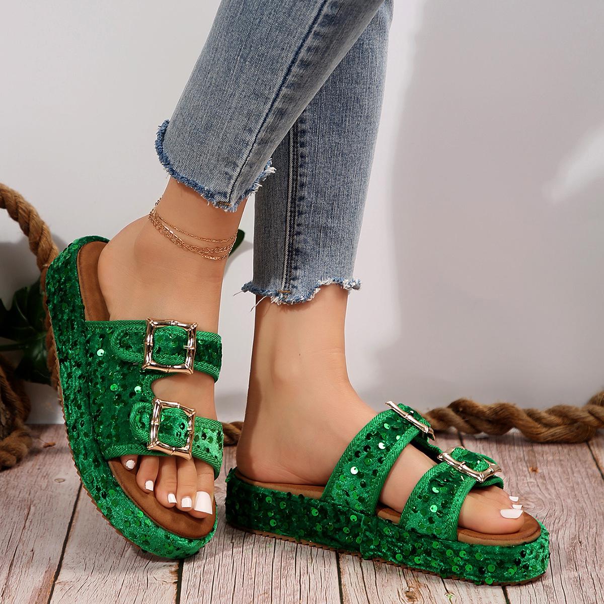 

2025 иностранные торговые новые европейские и американские тапочки иностранные торговые темпераментные тапочки с блестками и двойной пряжкой из пробки на плоской подошве 36 зелёный