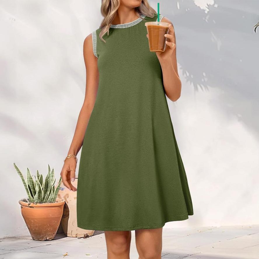 YYFS Women's Fashion Summer Spring Solid Color Print Sleeveless O-Neck Loose Waistline Casual Dresses