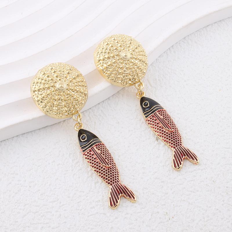 Red Dripping Oil Marine Animal Fish Pendant Seaside Earrings Personalized Vacation Style Earrings