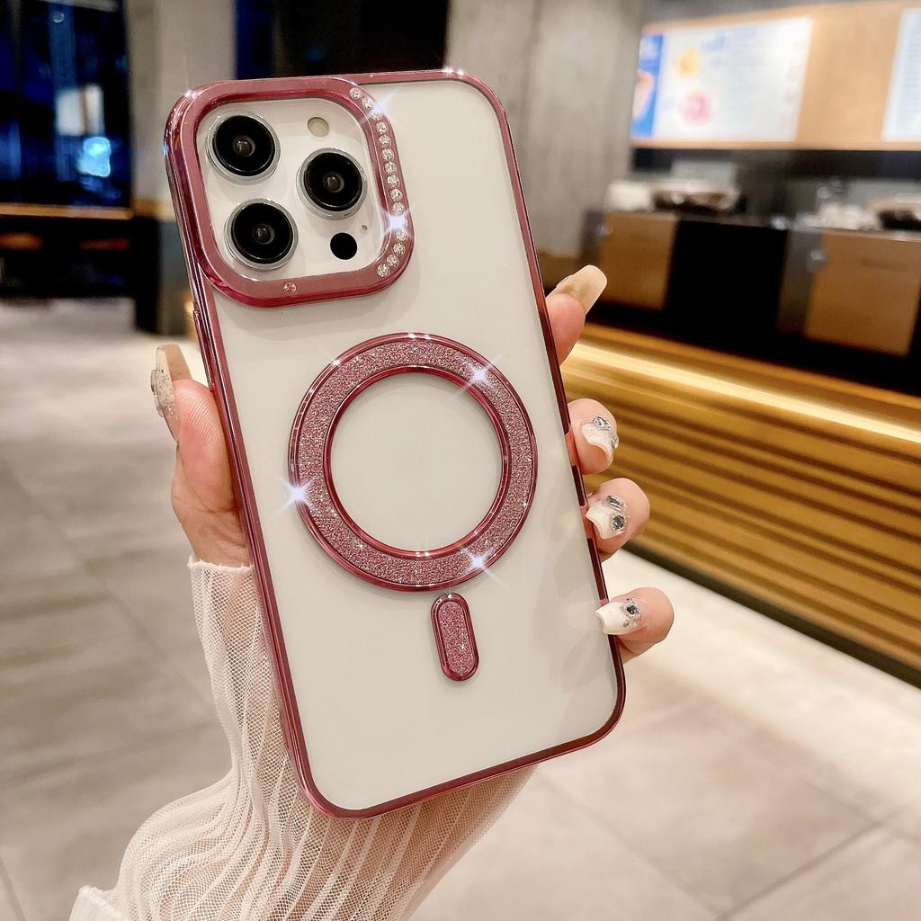 Suitable for IPhone16Pro Electroplated Water Diamond Phone Case, Apple 15 Diamond-encrusted Glitter 14 Magnetic Charging Protective Case