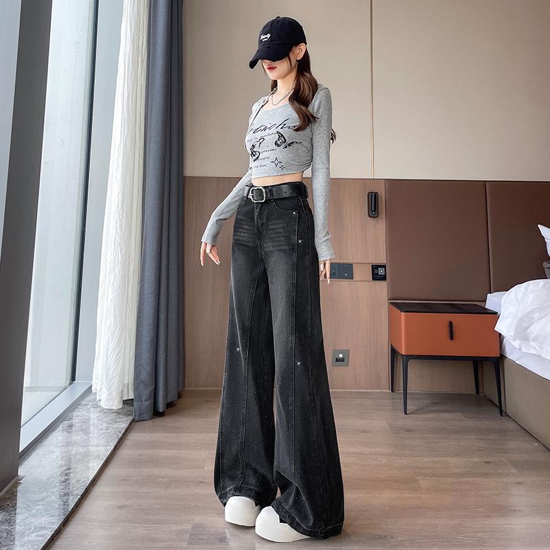 New Elegant High-Waisted Wide-Leg Velvet Jeans - Women s Floor-Length Slim Fit Extra Large