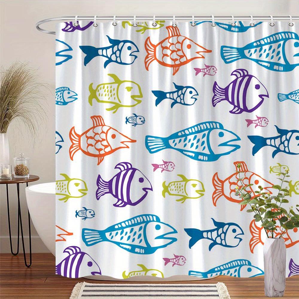 1 Bright Fish Shower Curtain with Exotic Cartoon Fish, with Hooks, Polyester Fabric, Machine Washable, Suitable for Bathroom