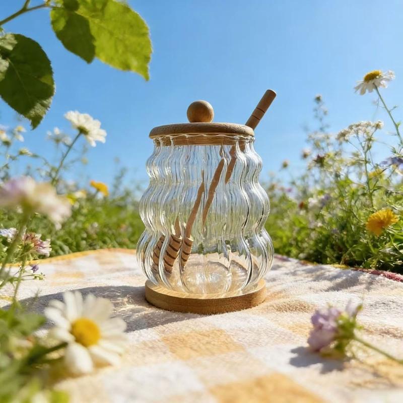 High Borosilicate Glass Jar Shatterproof Temperature Resistant Honeys Container Wood Stirring Stick and Lid for Kitchen