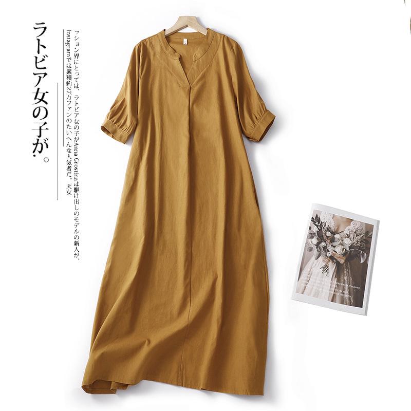 2025 Summer New Cotton and Linen Dress Women's Loose and Thin V-neck Five-quarter Sleeve Solid Color Long Skirt