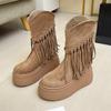 Fashion Women Tassels High Heels 8CM Thick Platform Mid-Calf Boots Leather Chunky Shoes Woman Autumn Winter Motorcycle Boots Botas