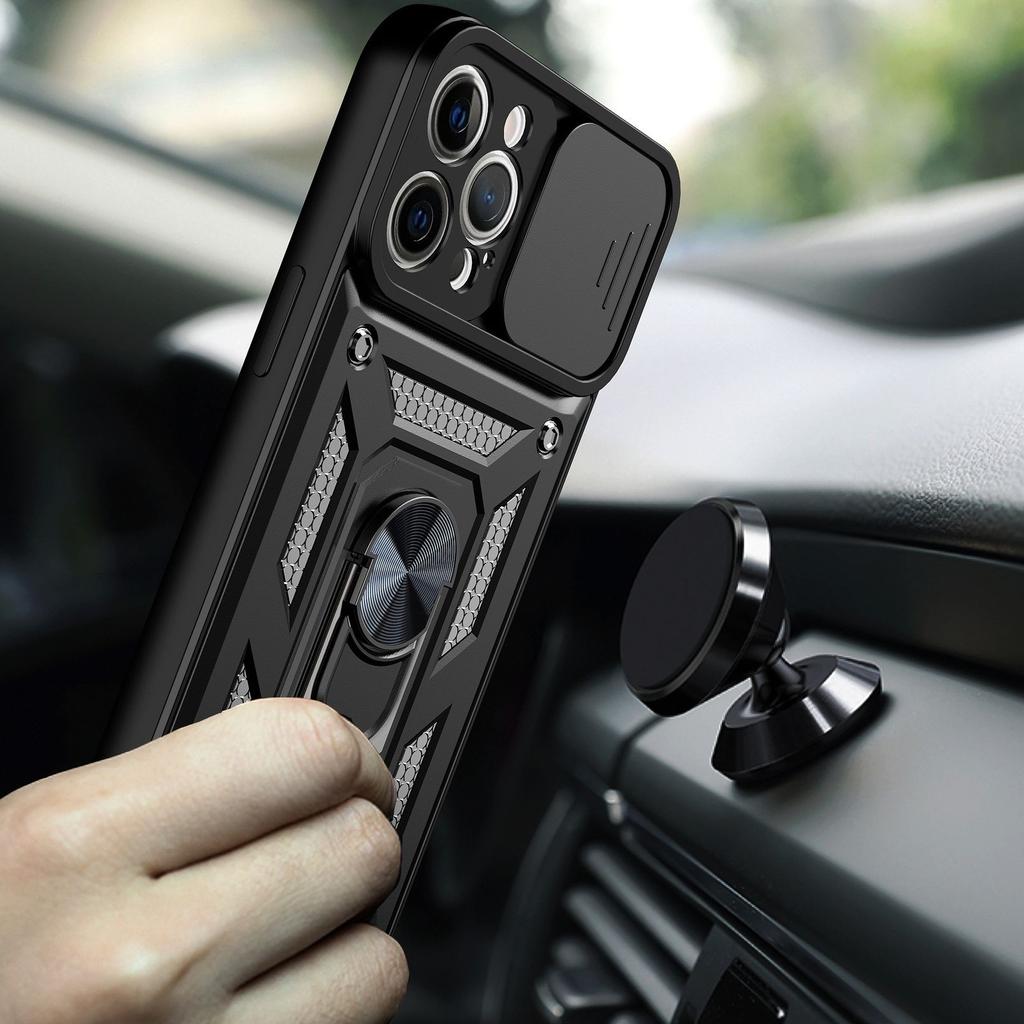 Armor Slide Camera Protection Phone Case For iPhone 13 12 11 Pro Max XR XS Max 6 7 8 Plus Ring Stand Holder Shockproof Cover