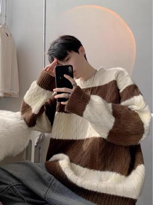 Men's Color-Block Striped Crew Neck Sweater - 2025 Autumn/Winter, Korean Casual Knitwear