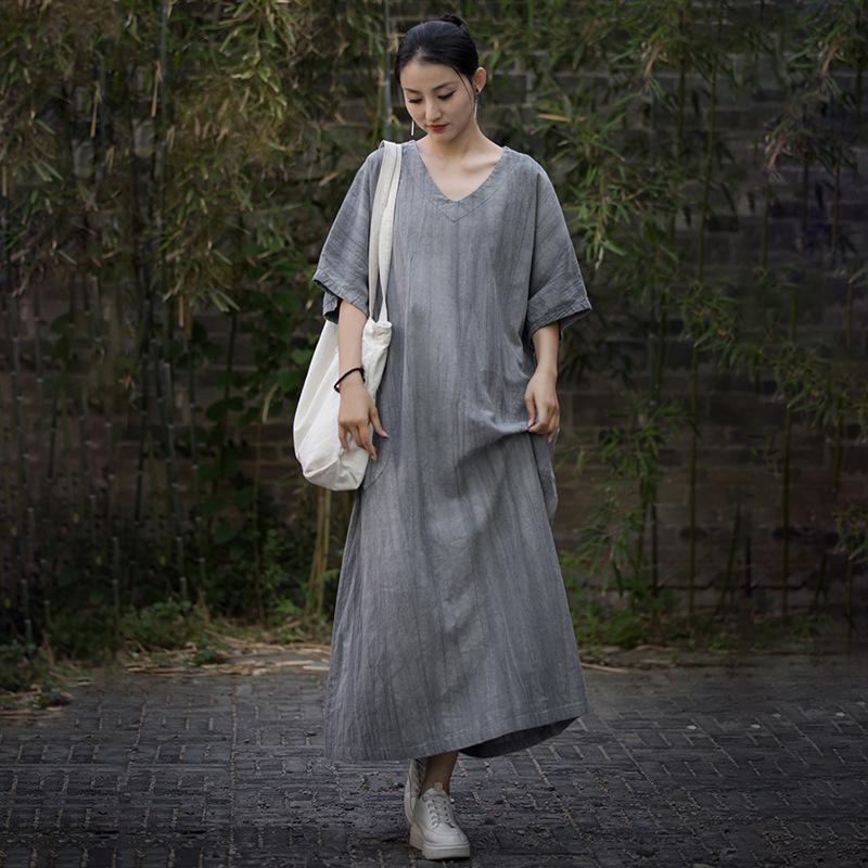 

Johnature Women Vintage Dresses V-Neck Short Sleeve Summer Solid Color Loose Women A-Line Dresses One Size сірий