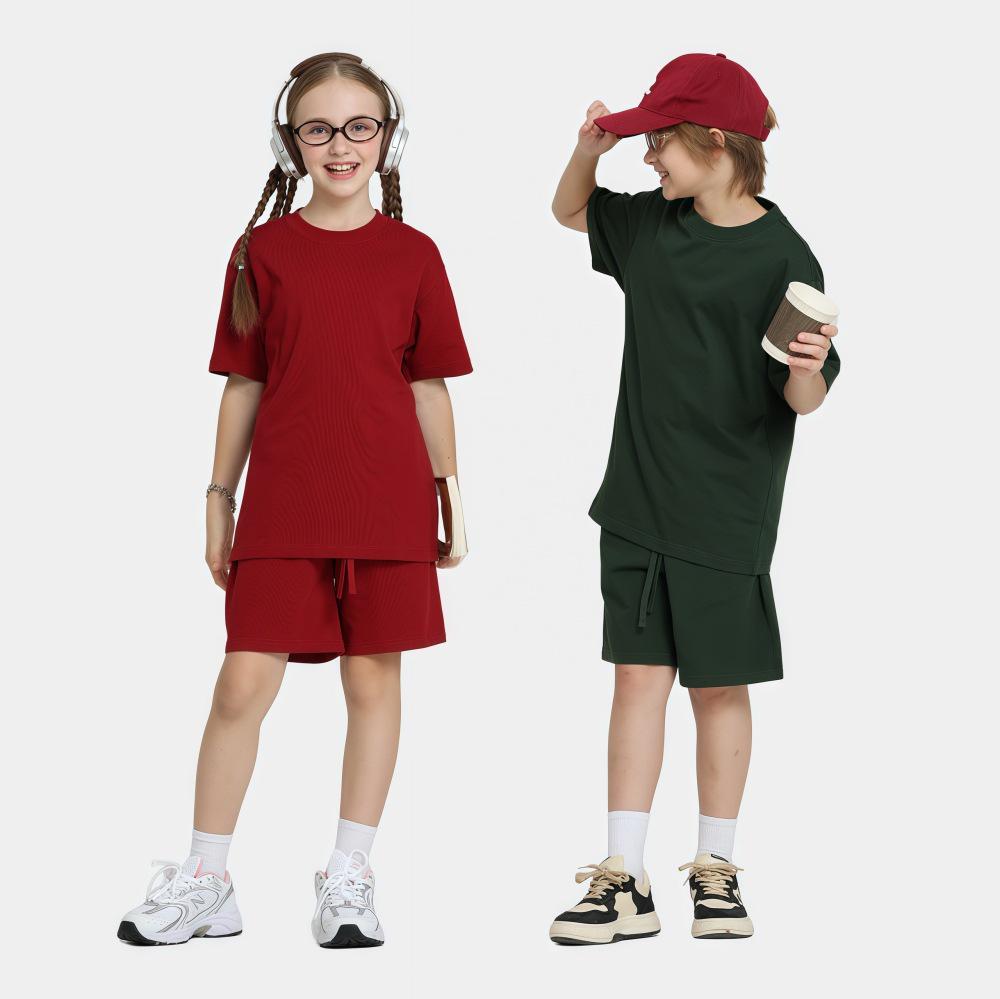 LVLV American Brand Trendy 275g Pure Cotton Loose T-shirt and Sports Shorts Set for Men, Women, and Kids.