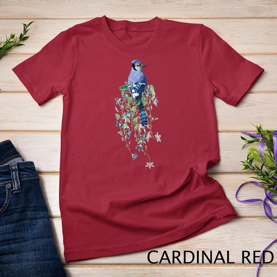 Flowers and Blue Jay Unisex T-shirt 4 S