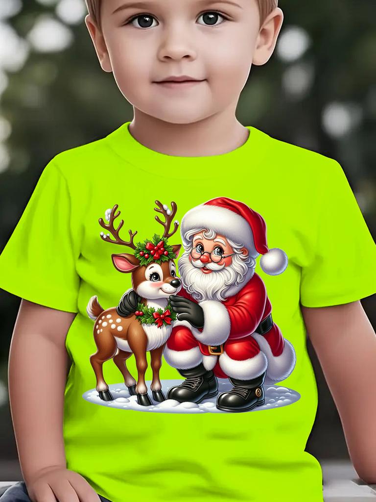 Weihnachts-Sommer-Kinder-T-Shirt mit Cartoon-Druck von Weihnachtsmann und Rentieren im Schnee Eltern-Kind-Oberteil