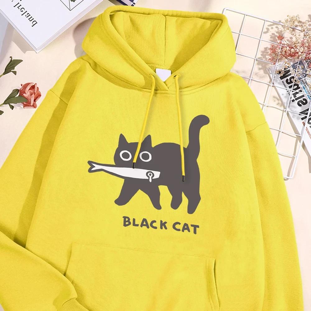 Women's Fun A Black Cat Eating Fish Hoody Women Harajuku Fashion Sweatshirt Loose Oversized Streetwear Hoodies