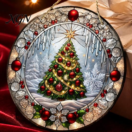 Runde Buntglas-Weihnachtsbaumschmuck Stil Acryl Fensterhänger, Weihnachtsbaum Schneeszene Innenparty-Dekorationen Sonnensammler, Tür Heimdekoration