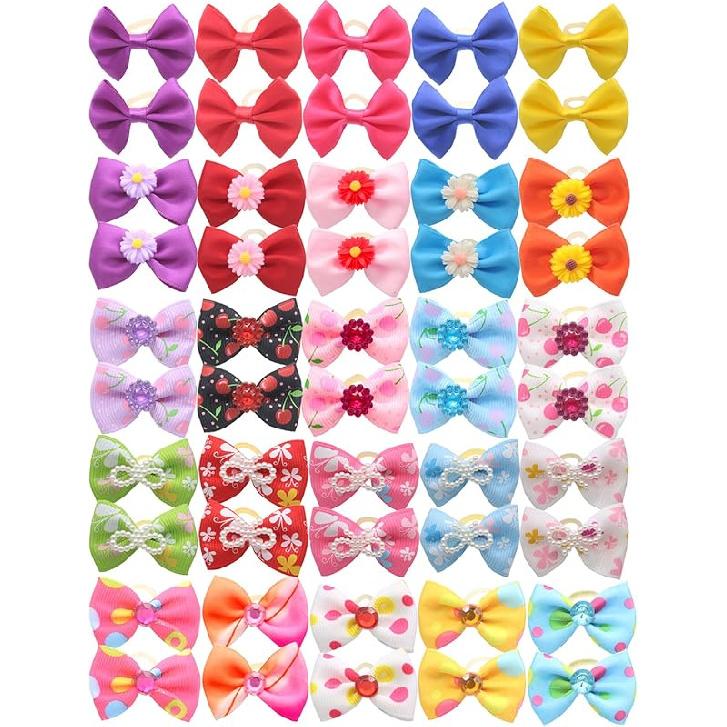YOY 50 Pcs Adorable Grosgrain Ribbon Pet Dog Hair Bows with Elastic Rubber Bands - Doggy Kitty Topknot Grooming Accessories Set for Long Hair Puppy
