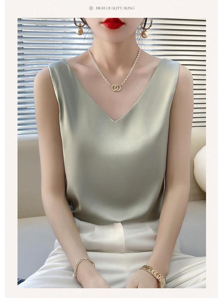 Women's V-Neck Silk Satin Camisole Top - Sleeveless Triacetate Base Layer for Spring.