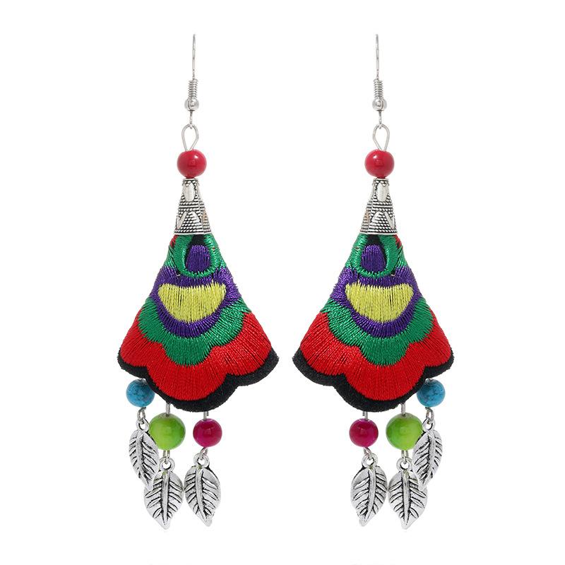 Retro hand-embroidered fabric earrings female long flower fringed versatile temperament performance earrings earrings