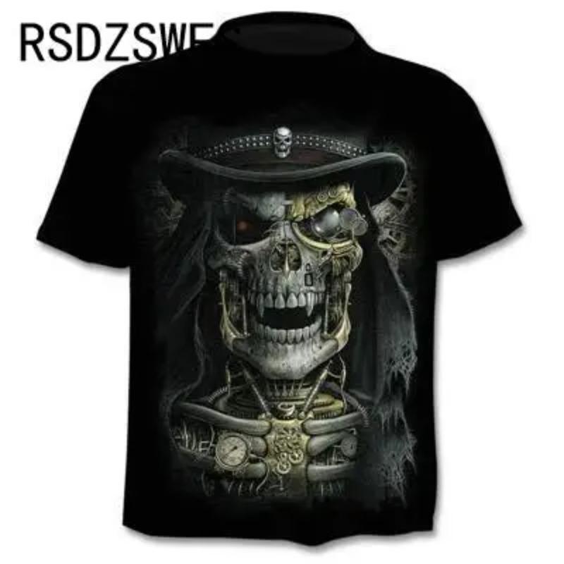 Round Neck 3D Skull Printed Top Fashionable Casual Short Sleeved Men's T-shirts - Soft Medium Stretch Polyester Fabric Summer Relaxed Fit Clothing