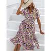 Summer Women's Floral Split V-neck Dress European American Style Casual Fashion Dress