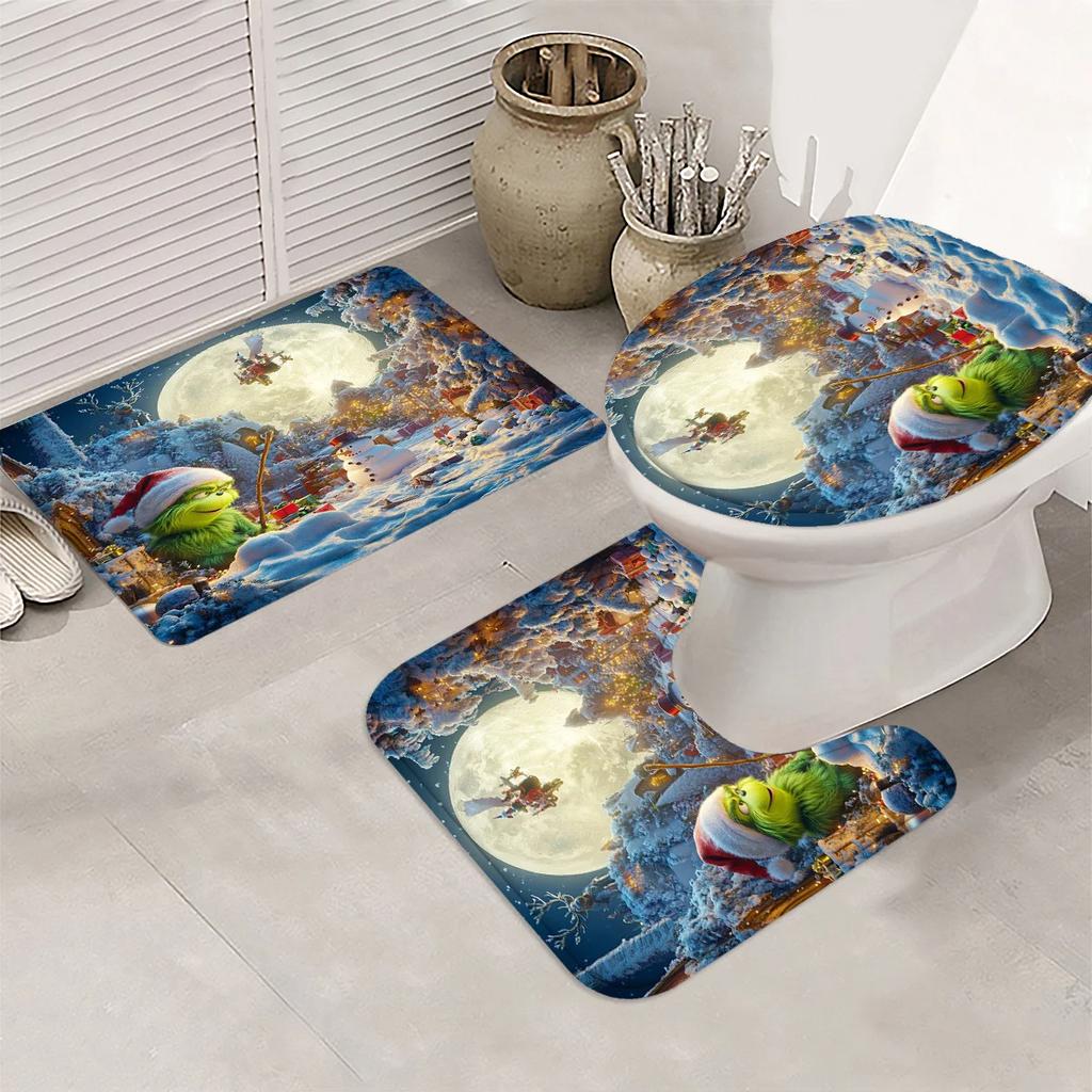 4pcs Christmas Shower Curtain Set, Waterproof Bathroom Decor with 12 Hooks, Non-Slip Rug & U-Shape Toilet Cover for Holiday Home