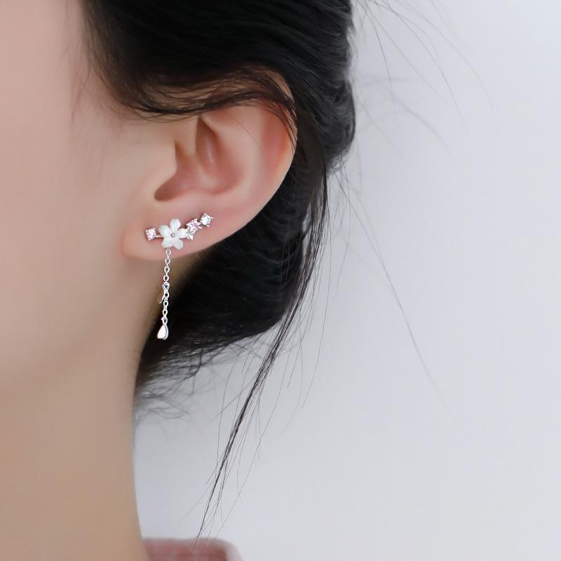 925 Sterling Silver Romantic Pink Cherry Blossom Shell Tassel Earrings for Women Girls Party Drop Earrings Jewelry Gifts S-E1248
