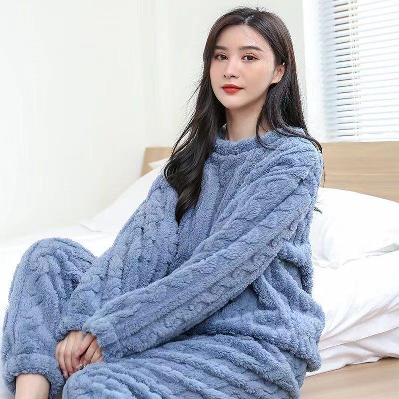 

Women s Solid Color Jacquard Coral Fleece Warm Set - Casual Home & Outdoor Pajamas for Autumn/Winter One Size синій